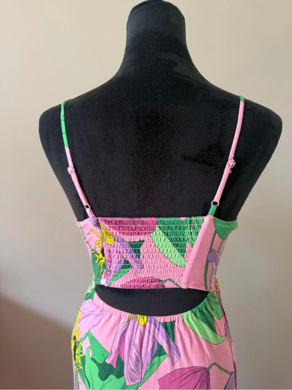 Express Pink Floral Spaghettie Strap Maxi Dress with Purple & Green Print XSmall